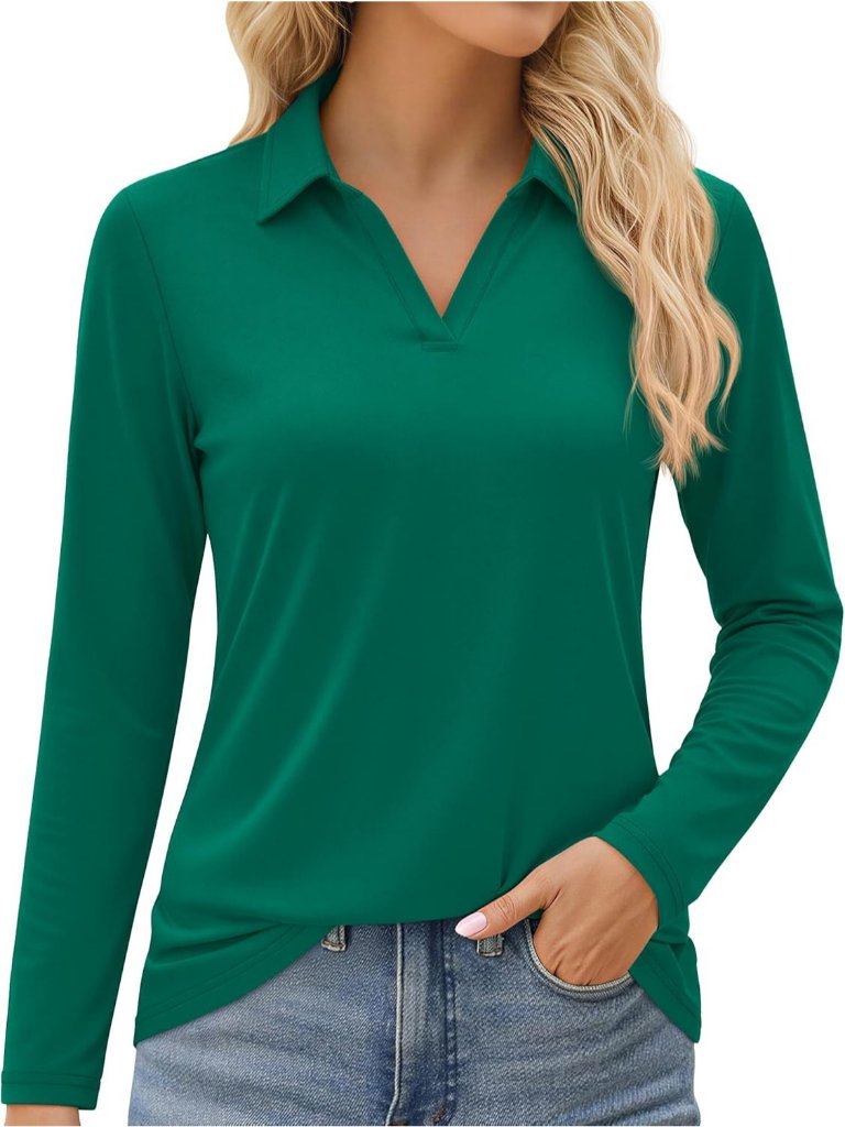 Women's Emerald Green V Neck Upf 50+ Long Sleeve Shirt Quick Dry Workout Tops